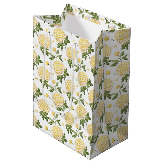 Sac Cadeau Moyen Motif papillons et fleurs d'hydrangea jaune élégan (Devant Angle)