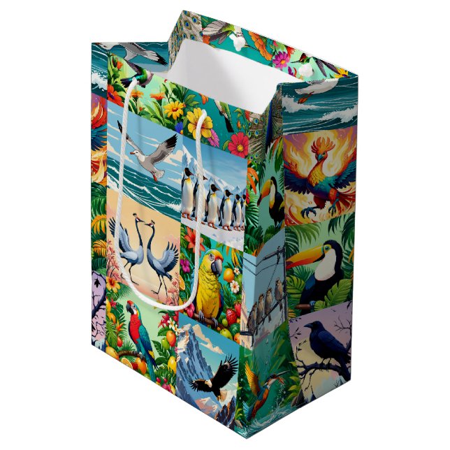 Sac Cadeau Moyen Motif patchwork d'oiseaux  (Devant Angle)