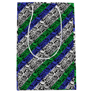 Sac Cadeau Moyen motif plante bleu et vert A07.b noir BG