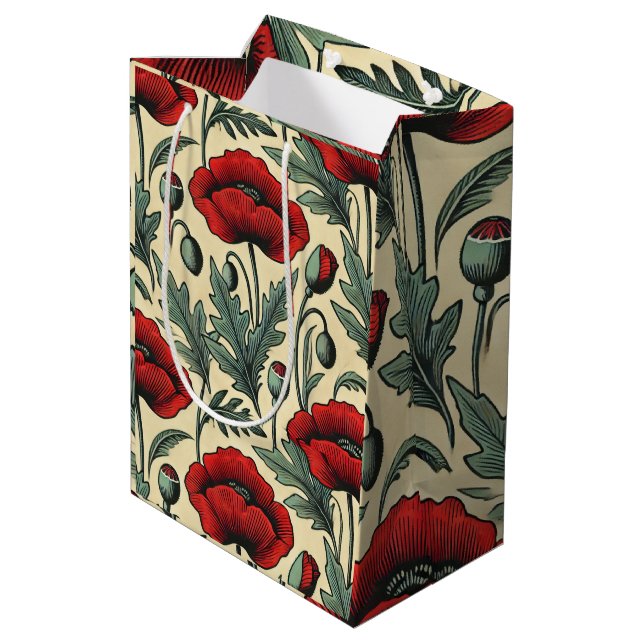 Sac Cadeau Moyen Motif Red Poppies d'inspiration vintage (Dos Angle)