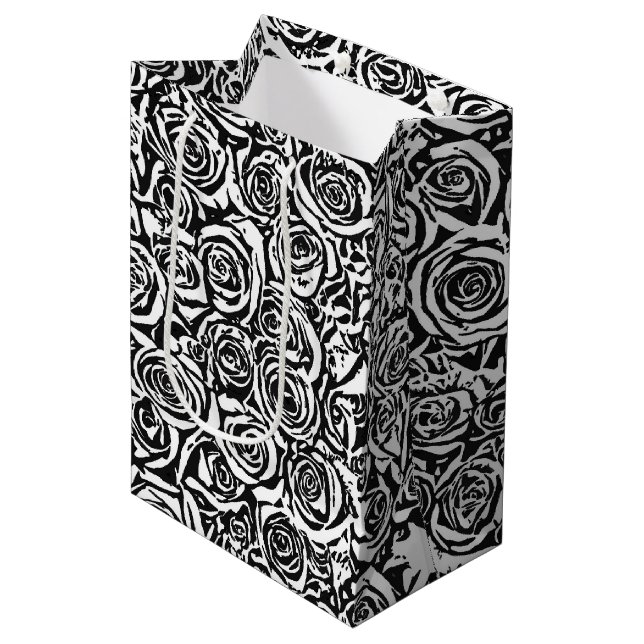 Sac Cadeau Moyen Motif Rose Abstrait moderne, noir et blanc (Devant Angle)