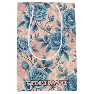 Sac Cadeau Moyen Motif Rose bleu rétro sur Arrière - plan rose doux