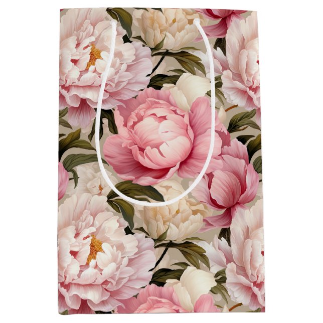 Sac Cadeau Moyen Motif rose et blanc de pivoine (Devant)