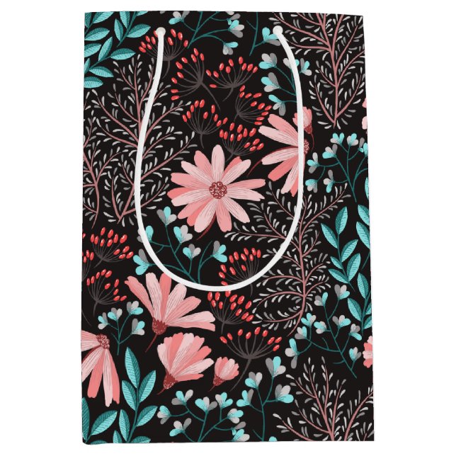 Sac Cadeau Moyen Motif rose et Turquoise floral foncé (Devant)