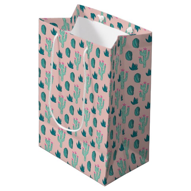 Sac Cadeau Moyen Motif rose et vert mignon Cactus (Devant Angle)