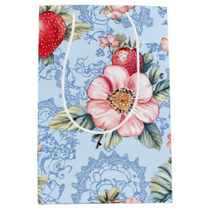 Sac Cadeau Moyen Motif vintage de fraises et fleurs