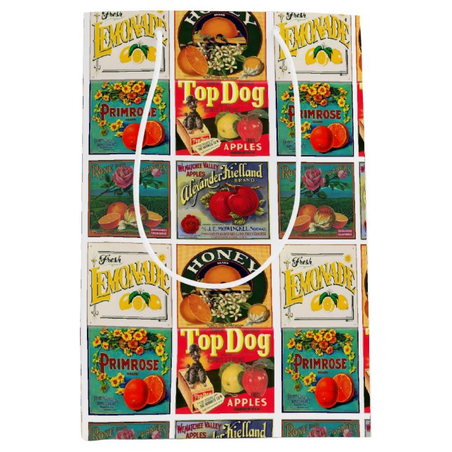 Sac Cadeau Moyen Motif vintage Étiquette de fruits (Devant)