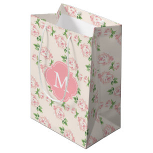 Sac Cadeau Moyen Motif vintage rose de roses décoré d'un monogram