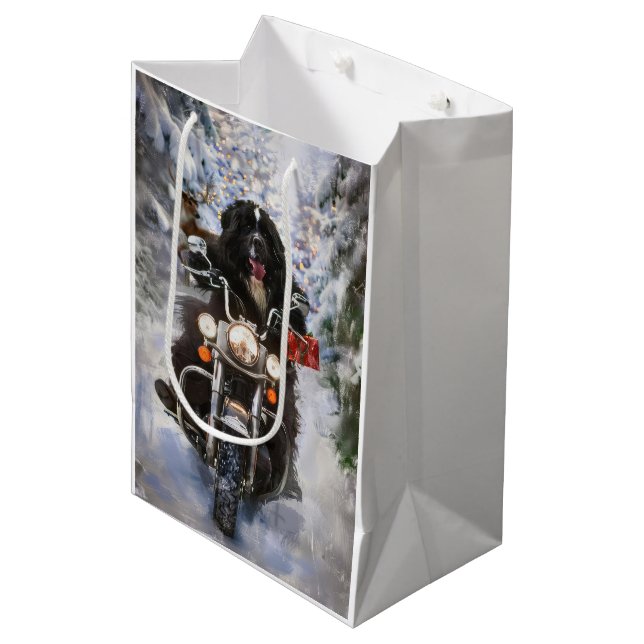 Sac Cadeau Moyen Moto à chiens de Terre-Neuve Noël (Devant Angle)