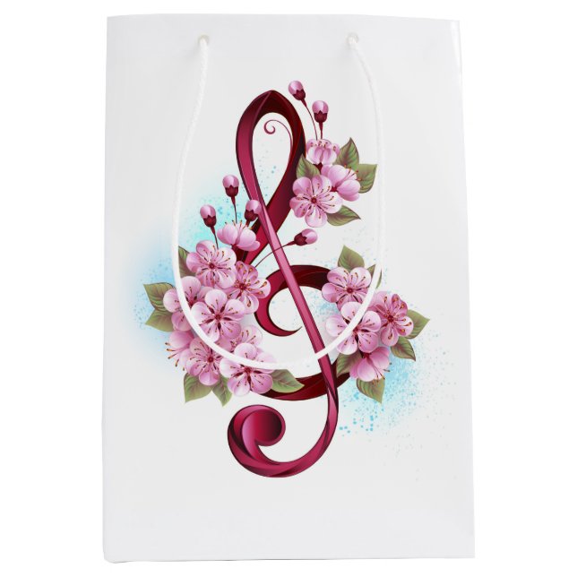 Sac Cadeau Moyen Musical treble clef notes with sakura flowers (Devant)