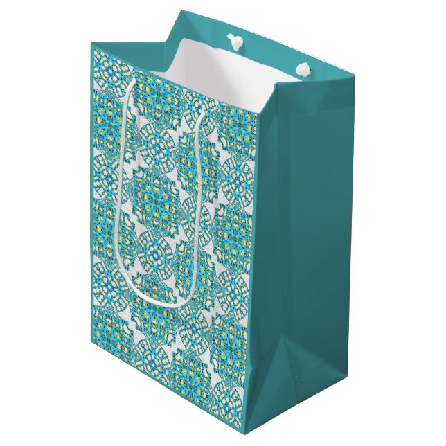 Sac Cadeau Moyen MVB Turquoise Bleu et Jaune Faux Lace (Devant Angle)