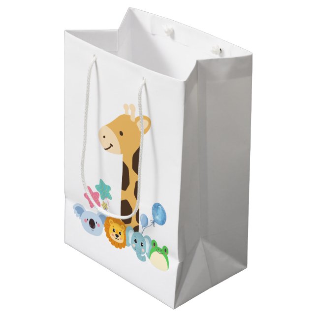 Sac Cadeau Moyen My First Birthday. Giraffe and Happy Animals Desig (Devant Angle)