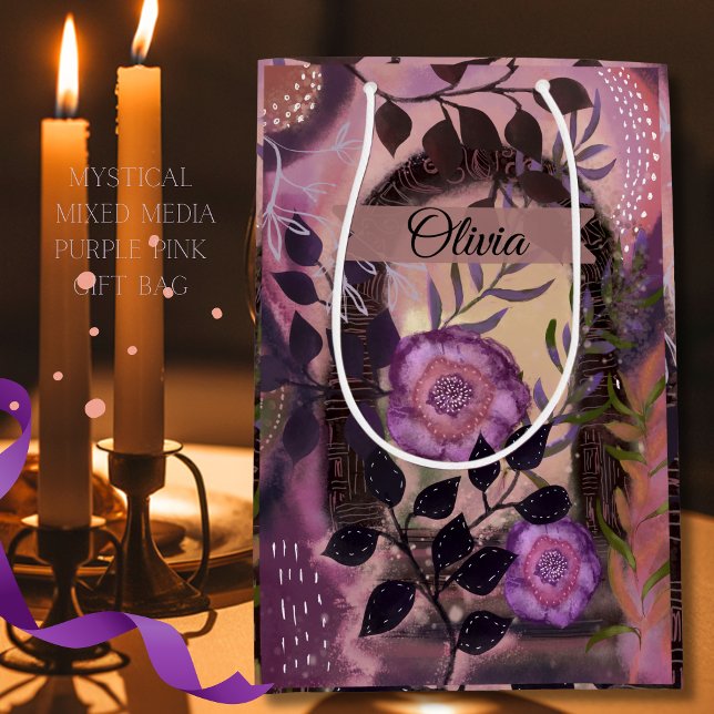Sac Cadeau Moyen Mystique Média Mixte Floral Archway violet rose (Mystical Mixed Media Floral Archway Purple Pink Medium Gift Bag)
