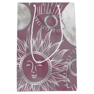 Sac Cadeau Moyen Mystique solaire Rose Argent Lune Étoiles Soleil