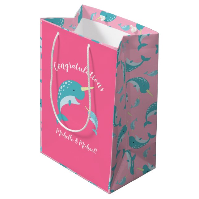 Sac Cadeau Moyen Narwhal Baby shower Rose fille mignonne (Dos Angle)