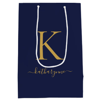 Sac Cadeau Moyen Navy Blue Moderne Monogramme Or Nom