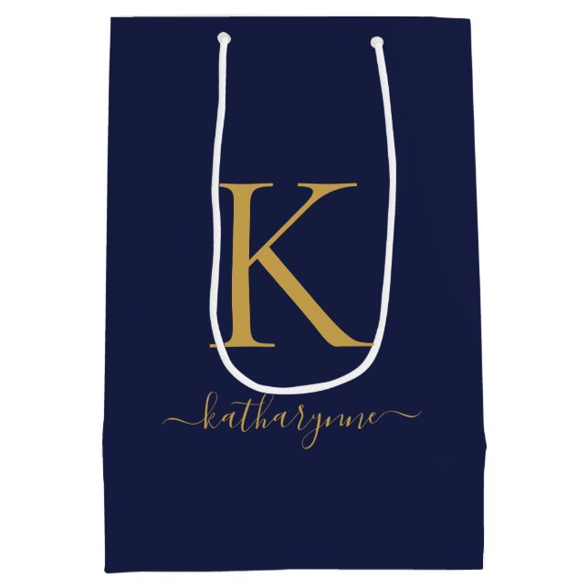 Sac Cadeau Moyen Navy Blue Moderne Monogramme Or Nom (Dos)