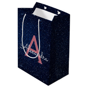 Sac Cadeau Moyen Navy Blue & Rose Gold Sparkle Glitter Monogram