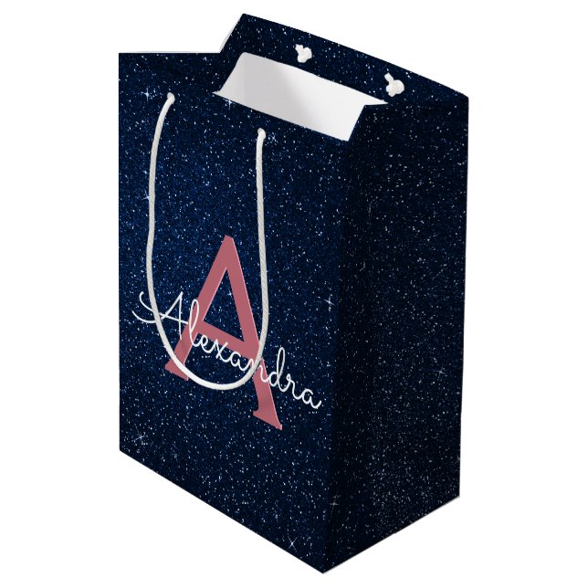 Sac Cadeau Moyen Navy Blue & Rose Gold Sparkle Glitter Monogram (Dos Angle)