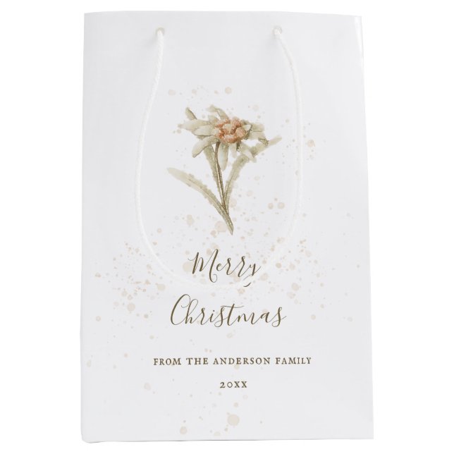 Sac Cadeau Moyen Neige blanc Edelweiss Vintage Noël (Devant)