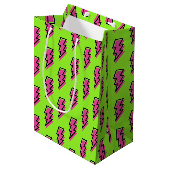Sac Cadeau Moyen Neon Green & Pink Lightning Motif des années 80/90 (Devant Angle)