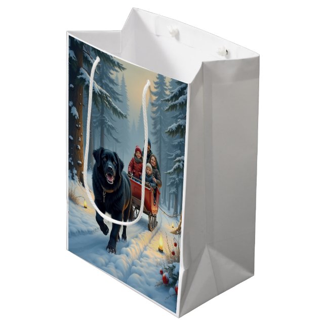 Sac Cadeau Moyen Newfoundland Dog Snowy Sleigh Ride Christmas (Devant Angle)