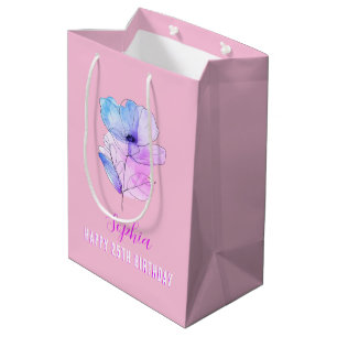 Sac Cadeau Moyen N'importe quel anniversaire, nom, rose et bleu aqu