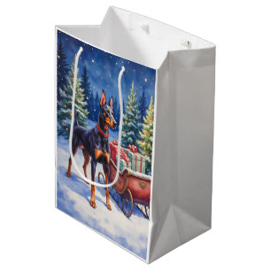 Sac Cadeau Moyen Noble Doberman gardant le traîneau de Noël en hive