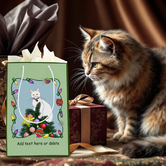 Sac Cadeau Moyen Noël Arbre drôle Chat blanc (Créateur téléchargé)