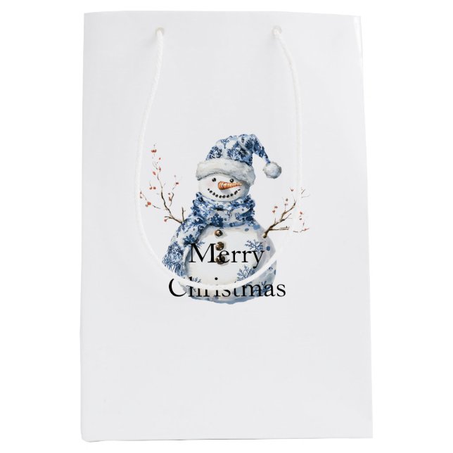 Sac Cadeau Moyen Noël Chic Bleu Blanc Snowman (Devant)