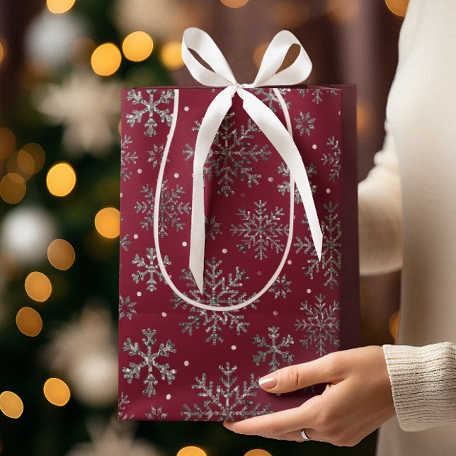 Sac Cadeau Moyen Noël chic en Bourgogne avec d'élégants flocons de  (Créateur téléchargé)