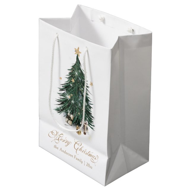 Sac Cadeau Moyen Noël Classique Blanc et Or (Devant Angle)