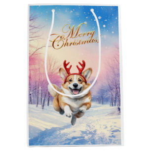 Sac Cadeau Moyen Noël Corgi Reindeer bois saute dans la neige