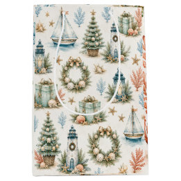 Sac Cadeau Moyen Noël côtier aquarelle phare & voilier