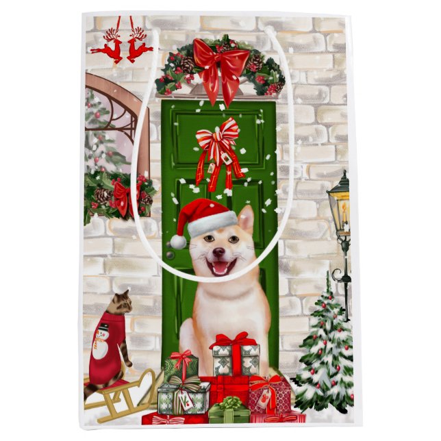 Sac Cadeau Moyen Noël de Chien Shiba Inu (Devant)