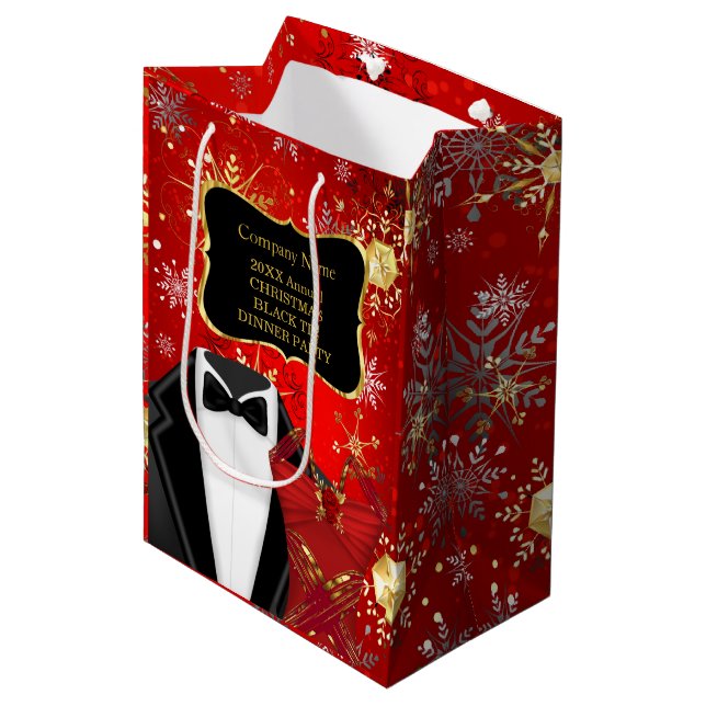 Sac Cadeau Moyen Noël Entreprise Noir Cravate Dîner Partie Rouge (Devant Angle)