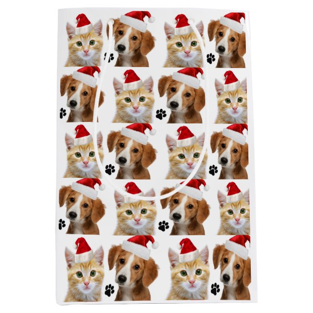 Sac Cadeau Moyen Noël Fête du Chien de Chat Coupé Rouge Blanc Noël (Devant)