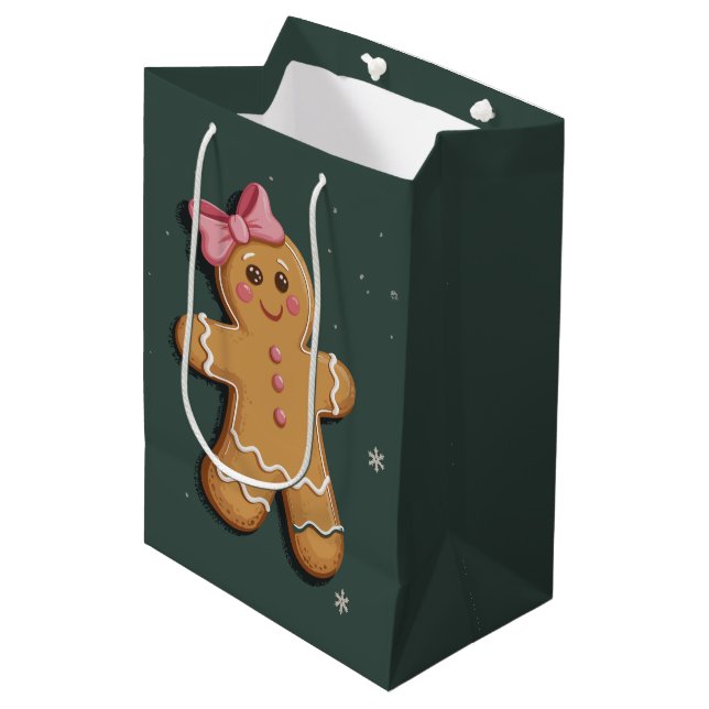 Sac Cadeau Moyen Noël Gingerbread Girl Pink Bow Coquette (Devant Angle)