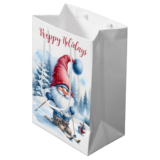 Sac Cadeau Moyen Noël Gnome Ski avec un lapin (Devant Angle)