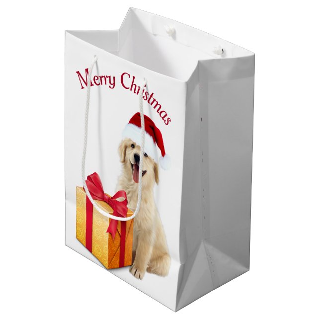 Sac Cadeau Moyen Noël Golden Retriever avec cadeau (Devant Angle)