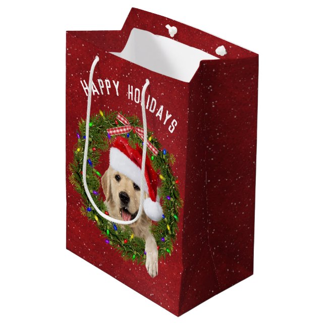 Sac Cadeau Moyen Noel Golden Retriever en rouge (Devant Angle)