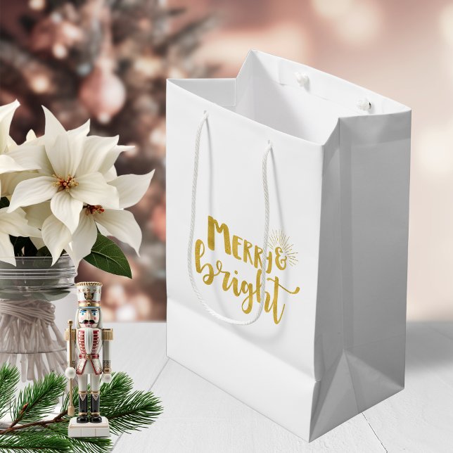 Sac Cadeau Moyen Noël Merry et Bright Faux Typographie de l'or (Christmas Merry and Bright Faux Gold Typography Medium Gift Bag)