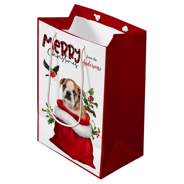 Sac Cadeau Moyen Noël mignon chiot Bulldog (Devant Angle)