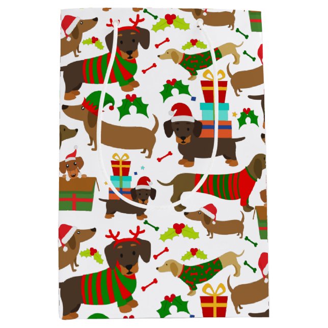 Sac Cadeau Moyen Noël mignon Dachshund Chien Motif (Devant)