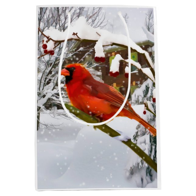 Sac Cadeau Moyen Noël, oiseau cardinal rouge et neige (Devant)