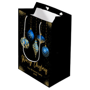 Sac Cadeau Moyen Noël Ornement Élégant Or et Bleu