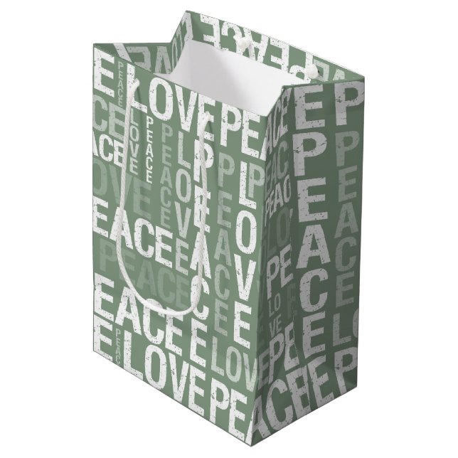 Sac Cadeau Moyen Noël Paix Amour Blanc Vert (Devant Angle)