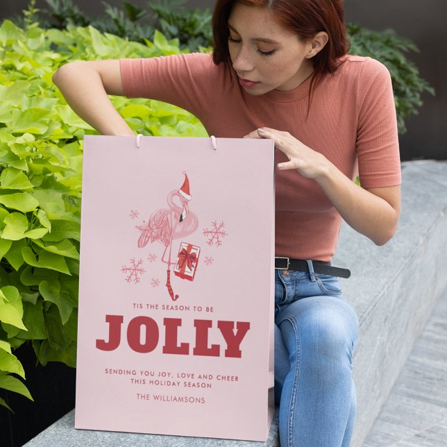 Sac Cadeau Moyen Noël Pink Flamant rose Tropical Beach (Pink Flamingo Tropical Beach Christmas Medium Gift Bag)