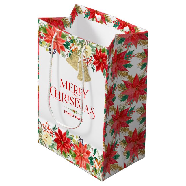 Sac Cadeau Moyen Noel poinsettia motif et typographie (Devant Angle)