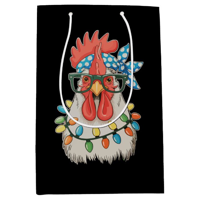 Sac Cadeau Moyen Noël Poulet de Noël Lumières Fermier Famille (Devant)